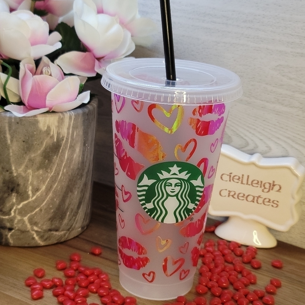 Starbucks Tumbler / To Go Cup with Iridescent red lips & hearts